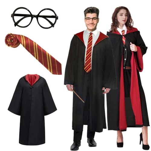 DASIAUTOEM Robe de Magicien Gryffondor, Costume Magicien, Robe de Magicien pour Adulte, avec Cape, Cravate, Lunettes, Déguisement Cosplay Sorcier pour Carnaval, Halloween, Costume de Fête