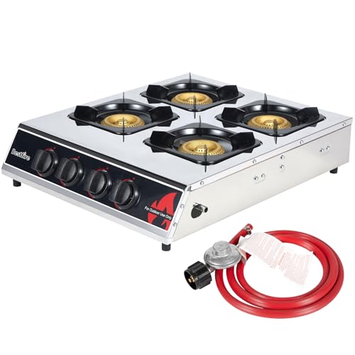 BESTFIRE 4 Burner Propane Gas Stove 40,000 BTU Stainless Steel Cooktop with Enamel Pan Support, Electronic Ignition, Regulator & Hose Included, Portable Gas Stove for Camping, Outdoor Cooking, BBQ