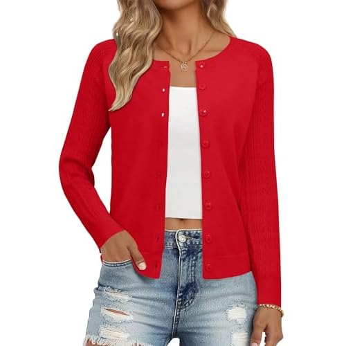 Ivicoer Cardigan Sweaters for Women Button Up Textured Sleeves Cardigans | Soft Knit Breathable, Long Sleeve Crew Neck Button Up, Fall Fashion 2026 Clothes, Winter Spring, Business Casual Wo