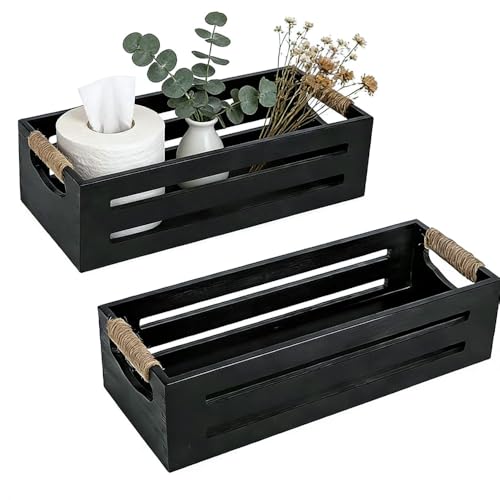 Ayxeute 2 Pack Rustic Wooden Bathroom Storage Crates - Anti-Slip Toilet Tank Organizer with Rope Handles for Bathroom, Kitchen, Living Room