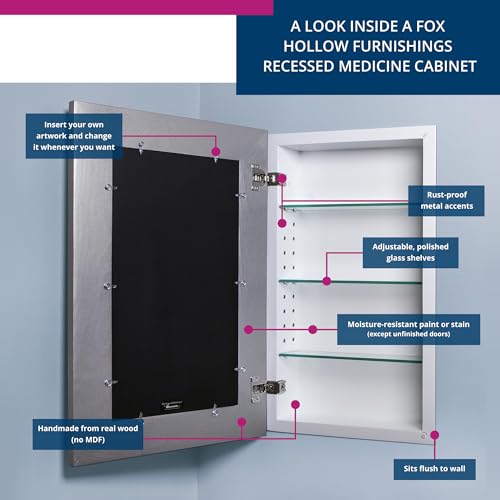 Image of 14x24 Concealed Picture Frame Medicine Cabinet without Mirror for Bathroom, Recessed in the Wall, Made in North America, Real Wood, NO MDF, Adjustable Shelves, Hidden, Silver