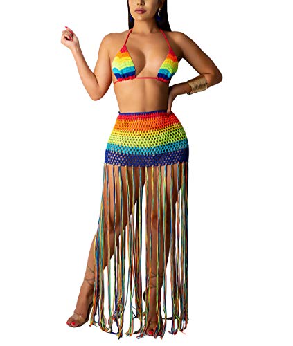 Womens 2 piece bra skirt set sexy crochet hollow out colorful bik…