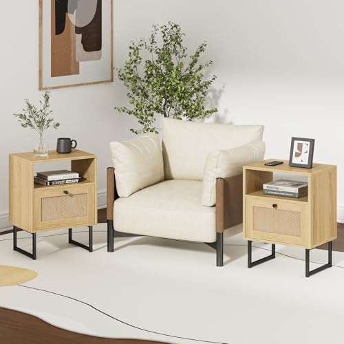 Image of Masupu Extra Large Rattan Nightstand,Modern Boho Farmhouse Wood Bedside Table with Storage Drawer and Open Shelf, Black Frame Side End Table for Bedroom,Living Room,Office (Natural)