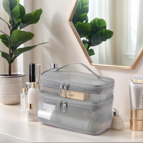 Double Layer Makeup Bag Toiletry Bag – Large Capacity Travel Cosmetic Storage Organizer, Gray Nylon Mesh, Portable and Durable3