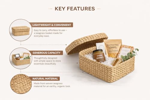 Image of Handwoven Seagrass Storage Basket with Lid | Natural Eco-Friendly Organizer Box for Home, Kitchen, Wardrobe, Bathroom, Toys & Accessories | Decorative Multipurpose Basket