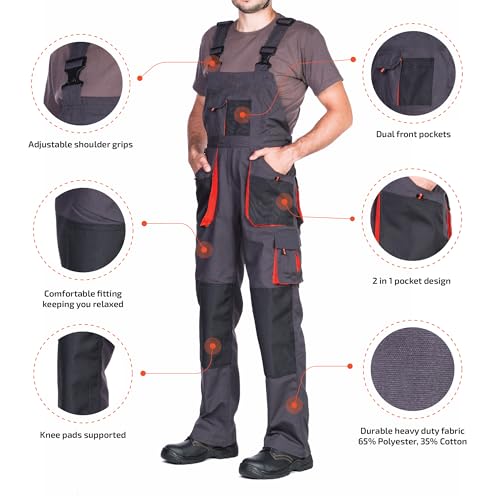 MAZALAT work wear Arbeitshosen männer, Arbeitslatzhose Herren mit Kniepolstertaschen, Größen S-XXXL, Latzhose herren, Arbeitshose Latzhose arbeits Latzhose Qualitat Schwarz/Orange 52