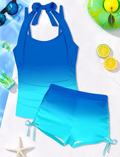 Image of Girls Swimsuit 2 Piece Halterneck Girls Tankini Swimsuit Drawstring Printed Swim Shorts Girl Bathing Suit for 7-18T
