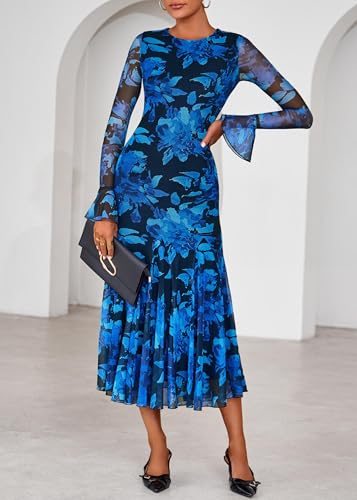 Lazysmile Women's Long Sleeve Floral Maxi Dresses Fall Formal Crewneck Bodycon Mesh Ruffle Wedding Guest Cocktail Party Dress Blue — view 3