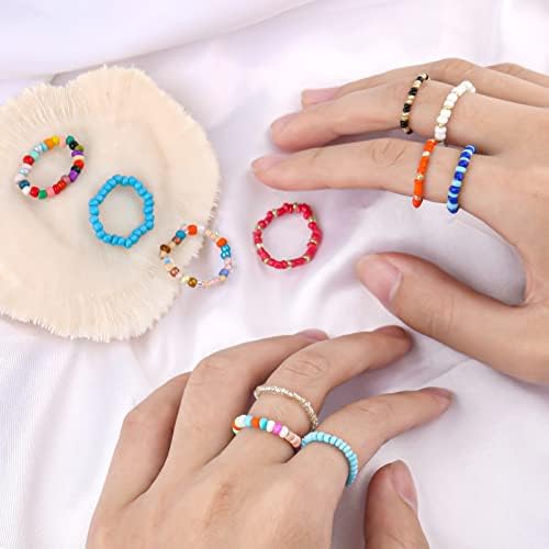 KINBOM 10pcs Flower Bead Rings Set, Colorful Cute Women Beaded Rings Handmade Boho Rings Aesthetic Rings y2k Jewellery Rings for Teen Girls Birthday Christmas Party