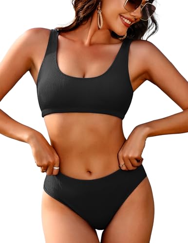 AI'MAGE Women Ribbed Bikini Sets Sporty Swimsuits Scoop Neck Two Piece Bathing Suits High Cut Bikini(Black,Medium)