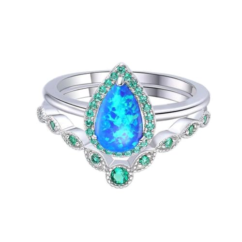 Lab Grown Teardrop Blue Opal Cabochon Ring with Nano Emerald Accents in Rhodium 925 Sterling Silver, October Birthstone Jewelry Gift For Women Sizes 5, 6, 7, 8