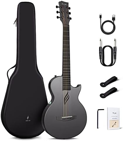 Enya NOVA Go SP1 Carbon Fiber Acoustic Electric Guitar with Smart AcousticPlus 35 Inch Travel Acustica Guitarra Starter Bundle Kit of Gig Bag, USB Type-C Charging Cable, Instrument Cable(Black)