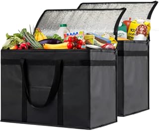 NZ home XL Plus Insulated Bag for Food Delivery & Grocery Shopping with Zippered Top, Black (2 pack)