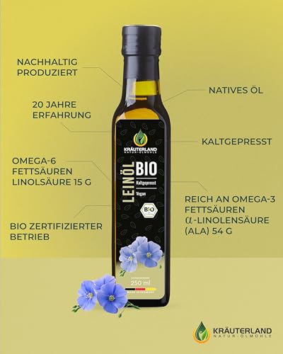Kräuterland Bio Leinöl 4X250ml (1L), Bio Leinsamen, kaltgepresst, mild & nussig, reich an Lignane und Omega 3-6-9 Fettsäuren, naturrein ohne Zusatzstoffe, glasflasche, mühlenfrisch