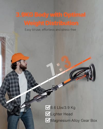 Image of VEVOR Wall Smoother, 900W Electric Tool with 12 Sanding Discs, 800 to 1800 RPM Speed, 3 Vacuum Hoses, Collapsible for Ceiling Use, Dual LED Lights, Telescoping Handle, and Built-in Dust Collector