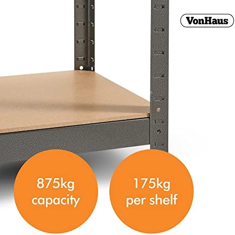 VonHaus Garage Shelves 5 Tier - Heavy Duty Garage Racking with Massive 875kg Capacity, 175KG per Shelf - Durable Metal Shelving for Garage, Shed and Workshop Storage - 180cm x 90cm x 40cm