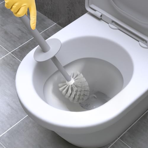 Image of Topsky 2 Pack Compact Toilet Brush & Holder Set, Plastic Round Barrel Loo Brush with 2 Replacement Toilet Brush Head, Durable for Bathroom Toilet, Gray