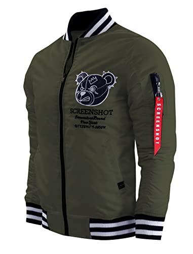 SCREENSHOT-J5115 Hip-Hop Urban NYC Fashion Padded Bomber Jacket - Quilted Linning Modern Outdoor Streetwear Black Teddy Bear Head Graffiti Patch Zip Up Top-Olive-Large
