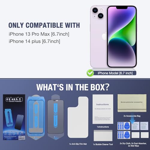 Image of 2-Pack Matte Screen Protector for iPhone 13 Pro Max and iPhone 14 Plus 6.7-Inch, 9H Tempered Glass, Full Coverage, Anti-Fingerprint, Auto Dust-Elimination, No Bubble, Easy Installation