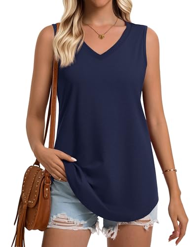 YUCOLEN Women's Tank Tops Sleeveless V Neck Loose Fit Shirts Summer Flowy Curved Hem UPF 50+ Basic Clothes