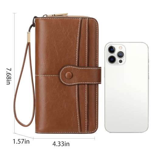 Image of Wristlet Women's Wallet Phone Purse RFID Blocking Large Capacity Card Holder Leather Brown