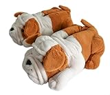 Fuzzy Winter Indoor Animal Dog Slippers for Big Kids Boys Girls, Bulldogs(Big Kid Size 3-5, Brown)