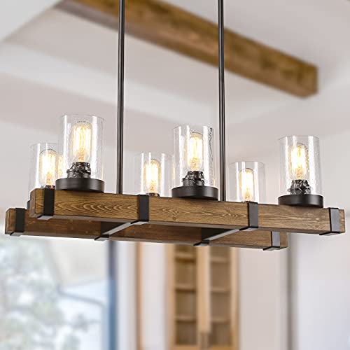 LALUZ Farmhouse Wood Chandelier, 6-Light Chandelier Light Fixture with Seeded Glass Shades, 25.5” Rectangle Chandeliers for Dining Room, Kitchen Island