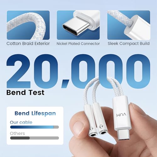Image of VUM USB-C to Dual 3.5mm Headphones Jack Hi-Res Audio Adapter Splitter | 32-bit /384kHz Hi-Res, TRRS HD Mic Input Supported, 1-in 2-Out Hi-Fi Stereo USBC Audio Splitter, OFC Cable with Silver-Plated