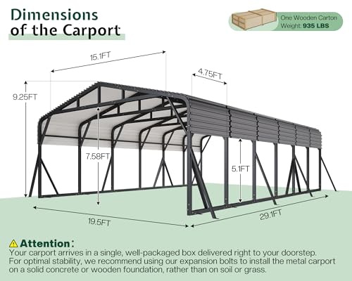 Image of Jocisland 20x30 FT Heavy Duty Metal Carport for Multiple Vehicles, All-Weather Car Canopy with Galvanized Steel Roof & Reinforced Base, Shelter for Full-Sized Pickups, Bass Boats and Tractors