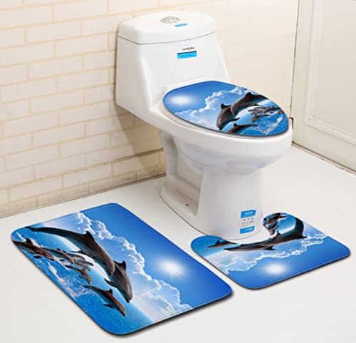 3 Teilig Badematte Set Blauer Delfin 3D Badematten Set rutschfest, Badezimmerteppich,U-förmiger WC-Vorleger,WC…