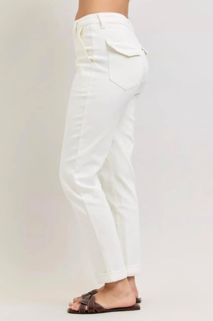 Judy Blue High Rise Slim Straight 28" Inseam Patch Pocket Jeans- Ivory Gem