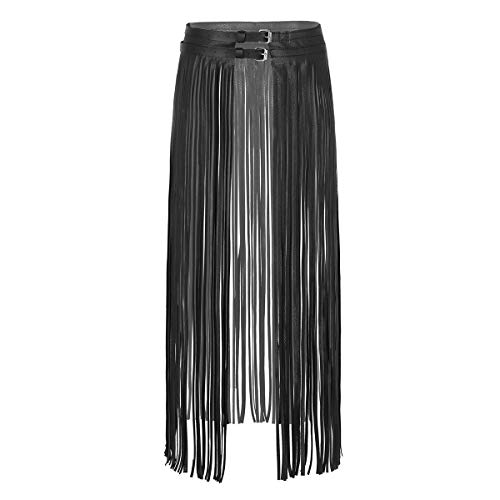YiZYiF Women Long Fringe Tassel Skirt Belt Punk Cool Faux Leather Double Buckles Waistband for Dance Party Costume