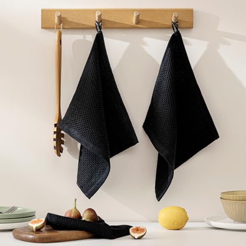 Image of 100% Cotton Kitchen Dish Cloths, 8-Pack Waffle Weave Ultra Soft Absorbent Dish Towels Washcloths Quick Drying Dish Rags, 12x12 Inches, Black