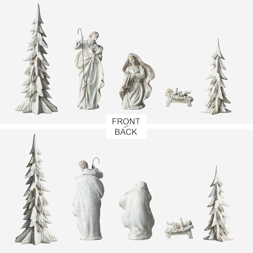 Image of Glitzhome 5Piece White /Gold Resin Nativity Sets, Holy Family Figurines with Joseph, Mary, Baby Jesus and 2 Christmas Table Trees for Christmas Table Decor, Indoor Nativity Figurines Tabletop Scene