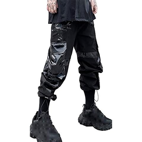 MOKEWEN Men's PU Leather Patchwork Ankle Ninth Trousers with Pocket Black 31-32 Cover
