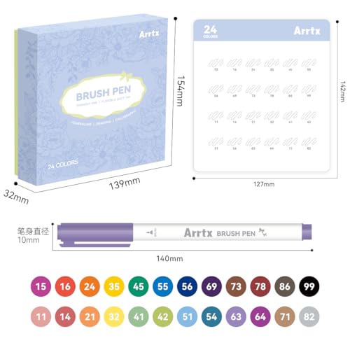 Arrtx 筆先マーカー 24色 筆ペン 水性インクカラー 手レタリング 日記 書道 お絵かき 筆記用