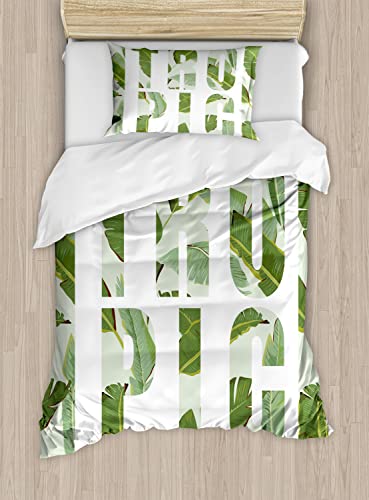 Ambesonne Green Duvet Cover Sets, Perennial Shrubs Evergreen Exotic Dreamy Palm Leaves Romance Plants Illustration, Bedding Set with 2 Duvet Covers & 4 Pillowcases, 2 Pack Queen Size, Olive Green