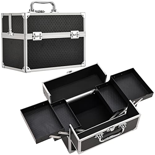Yueieoun Makeup Train Case Makeup Box With 4-Tray For Cosmetics & Tools Cosmetics Organizer Lockable Girls Makeup Organize Case For Women’s Makeup Kit, Nail, Craft Kit, Fashion Black #TOP6