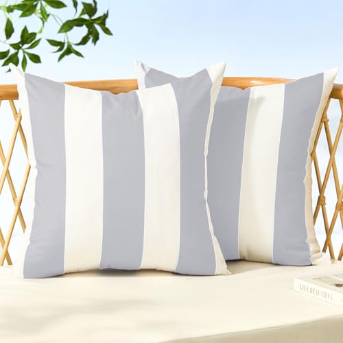 Image of Allorry Outdoor Pillow Covers 18x18 Set of 2 Gray Striped Decoration Throw Pillow Covers for Spring Summer Outdoor Waterproof Garden Patio Furniture Sofa Bed Home Decor JB007-P18