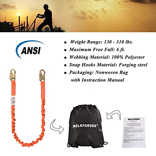 Welkforder 6-Foot Internal Shock Absorbing Safety Lanyard With Double Forging Snap Hook Connectors Ansi Z359.13-2013 Compliant Fall Protection Equipment (1 Pack) #TOP5