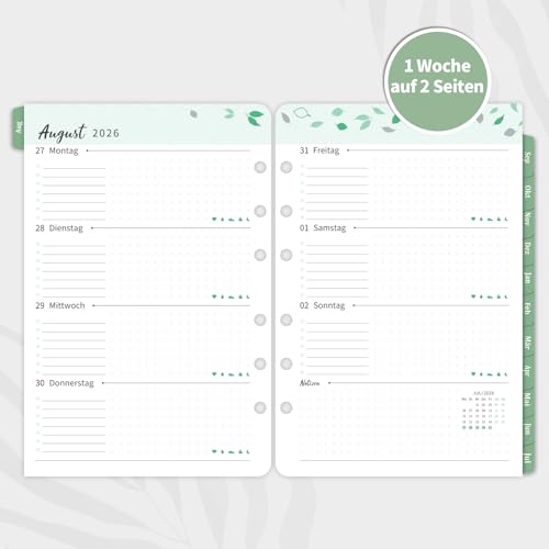 Indeme Wochenplaner 2026 2027 Einlage A5, 1 Woche 2 Seiten mit Tabs, Monatliche Seite 14x21cm, Kalendereinlagen 6 Löcher, Doppelfarbiges Design
