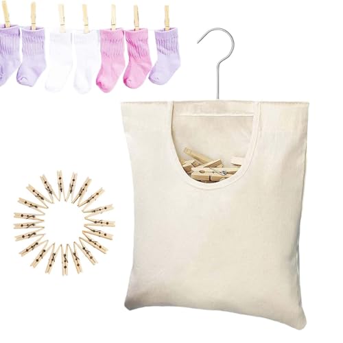 Organizador de pinzas para la ropa | Bolsa de lona con ganchillo, organizador de ropa colgante con 20 pinzas, bolsa reforzada para todo