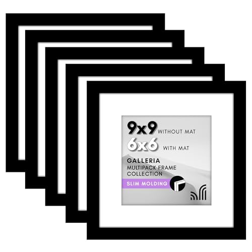 Americanflat 9x9 Picture Frame with Polished Plexiglass - Set of 5 - Use as 6x6 Frame with Mat or Display 9x9 Photo Without Mat - Galleria Collection - Square Frames for Tabletop and Wall - Black
