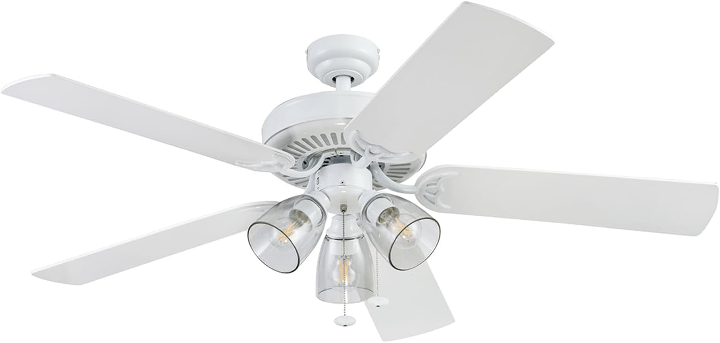 Prominence Home Saybrook, 52 inch Indoor Farmhouse LED Ceiling Fan with Light, Pull Chain, Three Mounting Options, Dual Finish Blades, Reversible Motor - 51594 (White)