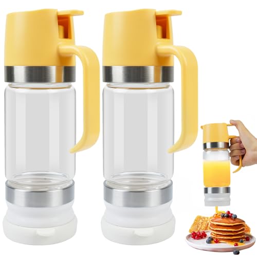 Ecopandy Honey Dispenser No Drip with Stand, 12 OZ Glass Honey Jar, Syrup Dispenser, Easy One Hand Use Honey Pot for Coffee or Tea (2PCS Yellow)