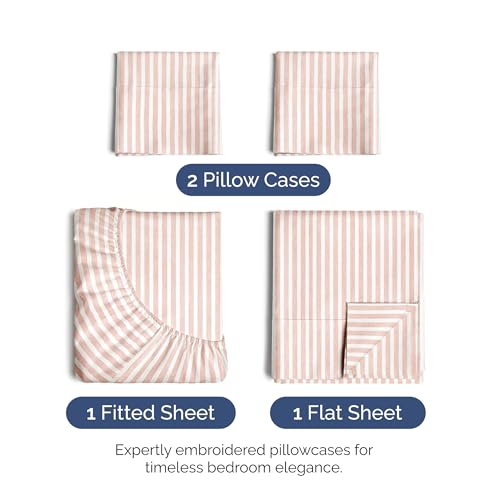 Image of Full Size 4 Piece Sheet Set - Ultra Soft & Cooling Sheets - Blush Stripes 1 | Fits 8 Inch to 16 inch Mattress, Wrinkle Free & Fade Resistant with Deep Pockets, Breathable, Comfy Hotel Luxury Bedding