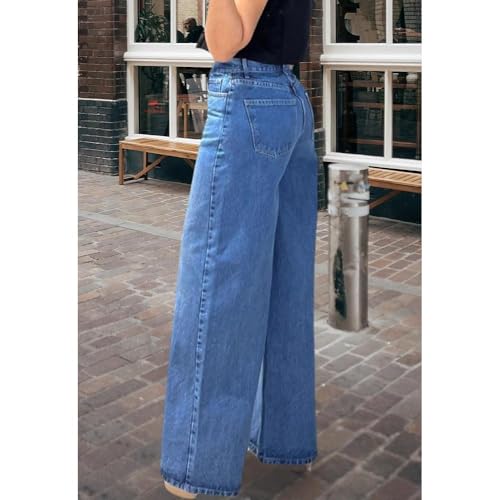 Image of Women's Straight Leg Jeans High Waisted Wide Leg Stretchy Baggy Denim Pants