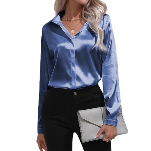 MGizo DtiSpectrum Camisa de Satén para Mujer - Manga Larga con Botón, Cuello en V sin Botones, Elegante para Oficina y Casual