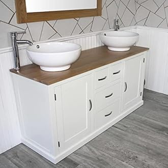 Wooden Bathroom Vanity Unit with 2 Ceramic Basins - Modern Bathroom Sink Cabinet with Drawers - Double Vanity Unit with Chromed Mixer Taps - White Painted - Curve Sided Bowl (603PCB025X2)