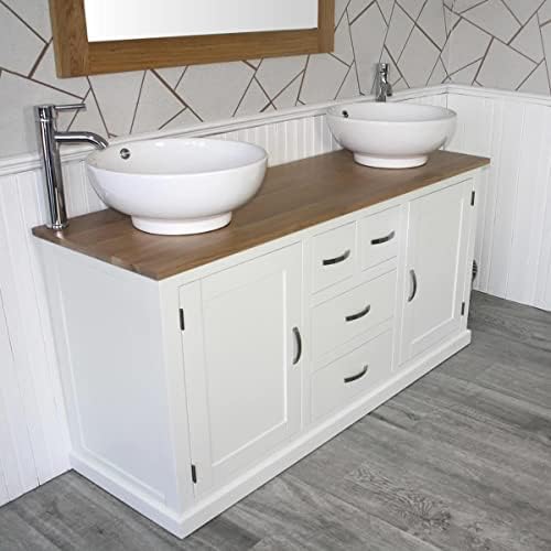 Wooden Bathroom Vanity Unit with 2 Ceramic Basins - Modern Bathroom Sink Cabinet with Drawers - Double Vanity Unit with Chromed Mixer Taps - White Painted - Curve Sided Bowl (603PCB025X2)
